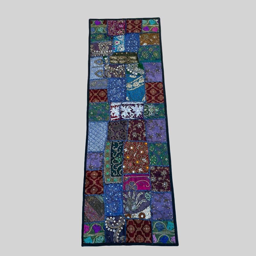 VTG 1990s‎ Boho Kutch Patchwork Table Runner Beaded Mirror Gujarat India